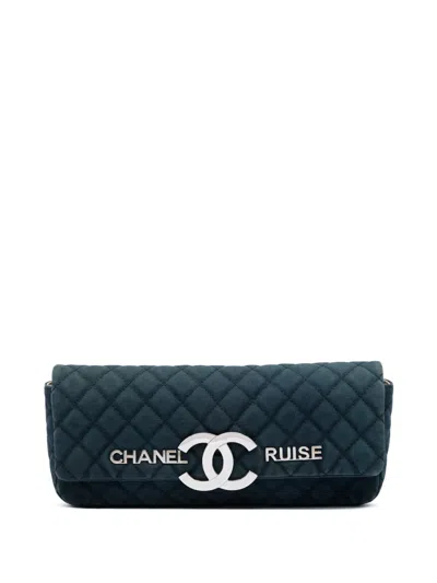 Pre-owned Chanel 2008-2009 Quilted Canvas Cc Cruise East West Flap Clutch Bag In Blue