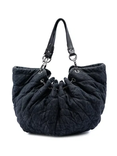 Pre-owned Chanel 2008-2009 Quilted Denim Stretch Spirit Cabas Tote Bag In Blue