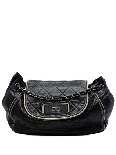 Pre-owned Chanel 2008-2009 Quilted Lambskin East West Mademoiselle Accordion Flap Shoulder Bag In Black