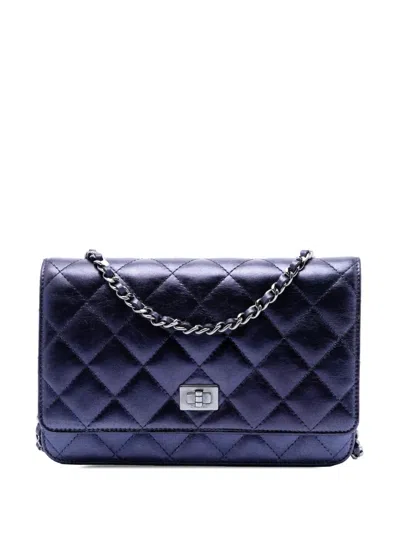 Pre-owned Chanel 2008-2009 Quilted Shiny Aged Calfskin Reissue 2.55 Wallet On Chain Crossbody Bag In Blue