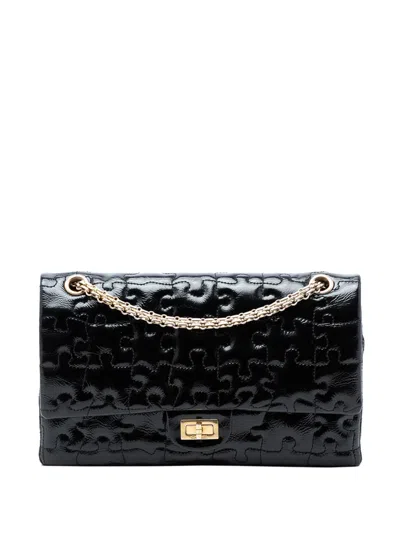 Pre-owned Chanel 2008-2009 Reissue 2.55 Crackled Patent Puzzle Double Flap 226 Shoulder Bag In Black