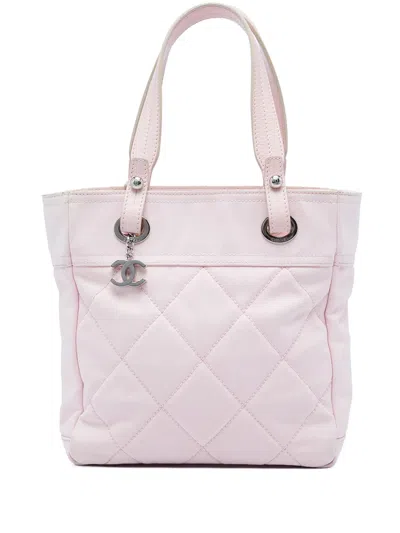 Pre-owned Chanel 2008-2009 Small Quilted Canvas Paris Biarritz Tote Bag In Pink