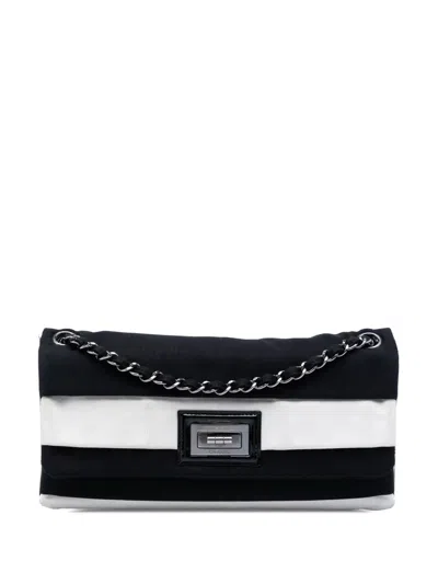 Pre-owned Chanel 2008-2009 Striped Canvas Reissue 2.55 Single Flap Shoulder Bag In Black