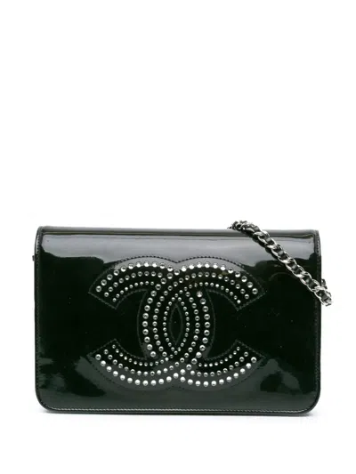 Pre-owned Chanel 2009-2010 Cc Patent Strass Embellished Wallet On Chain Crossbody Bag In Black