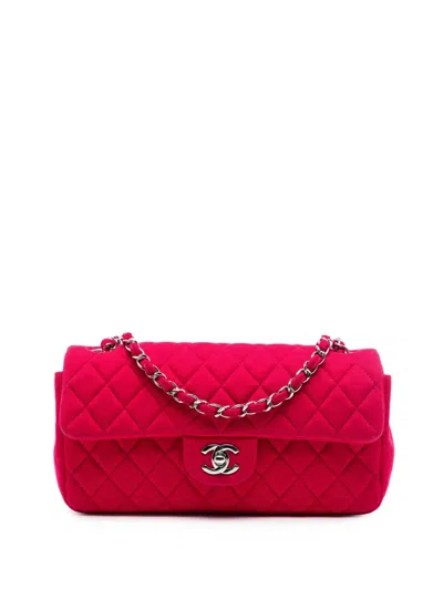 Pre-owned Chanel 2009-2010 Cc Quilted Jersey East West Single Flap Shoulder Bag In Red