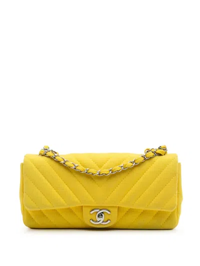 Pre-owned Chanel 2009-2010 Chevron Jersey East West Flap Shoulder Bag In Yellow