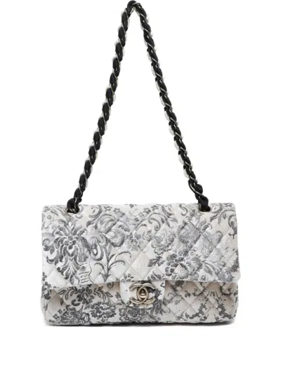 Pre-owned Chanel 2009-2010 Double Flap Damask-print Quilted Shoulder Bag In White