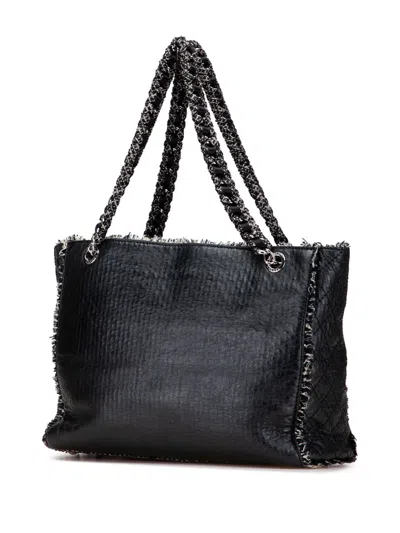 Pre-owned Chanel 2009-2010 Glazed Calfskin Tweed Tweedy Shopping Tote Bag In Black
