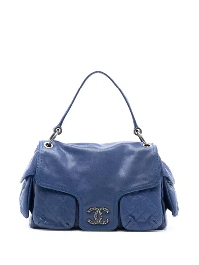 Pre-owned Chanel 2009-2010 Glazed Caviar Coco Rider Multi Pocket Rider Flap Shoulder Bag In Blue