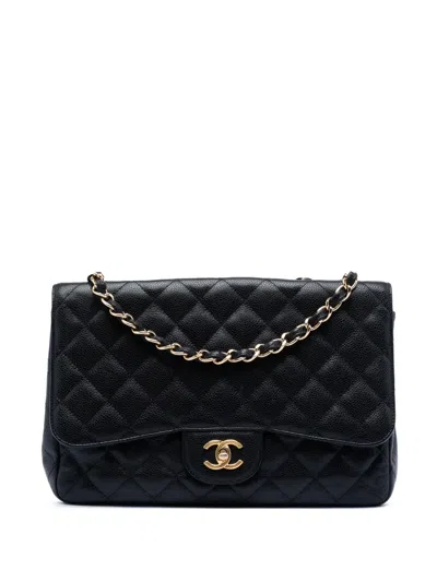 Pre-owned Chanel 2009-2010 Jumbo Classic Caviar Single Flap Shoulder Bag In Black