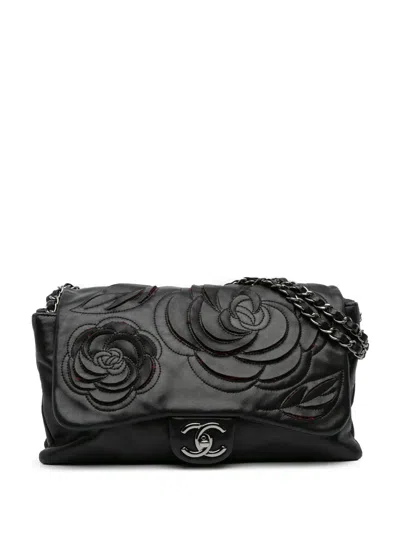 Pre-owned Chanel 2009-2010 Lambskin And Tweed Camellia Petals Flap Shoulder Bag In Black