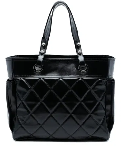 Pre-owned Chanel 2009-2010 Large Quilted Shiny Calfskin Paris Biarritz Tote Bag In Black
