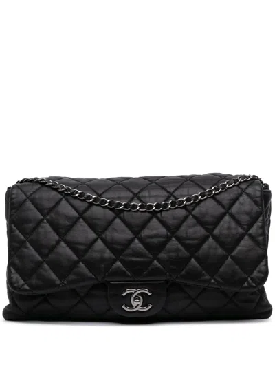 Pre-owned Chanel 2009-2010 Maxi Quilted Lambskin 3 Flap Shoulder Bag In Black
