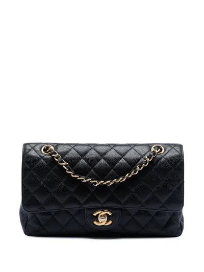 Pre-owned Chanel 2009-2010 Medium Classic Caviar Double Flap Shoulder Bag In Black