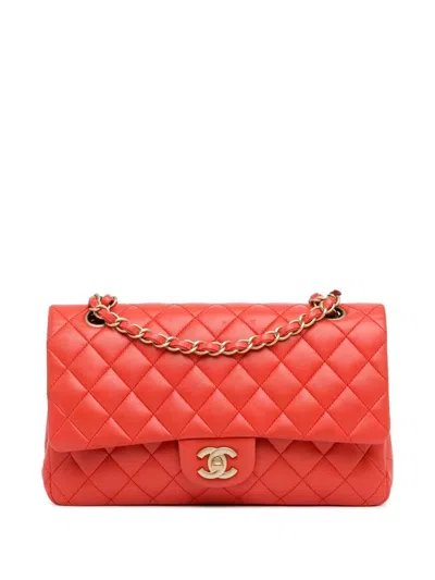 Pre-owned Chanel 2009-2010 Medium Classic Lambskin Double Flap Shoulder Bag In 红色