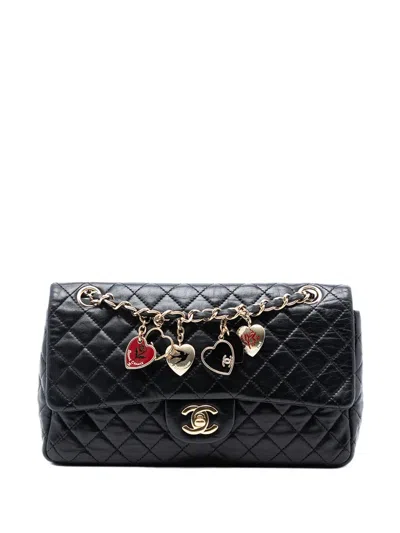 Pre-owned Chanel 2009-2010 Medium Classic Lambskin Valentines Heart Charms Single Flap Shoulder Bag In Black