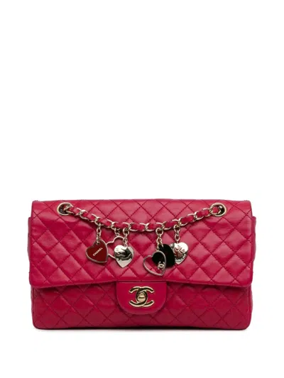Pre-owned Chanel 2009-2010 Medium Classic Lambskin Valentines Heart Charms Single Flap Shoulder Bag In Pink