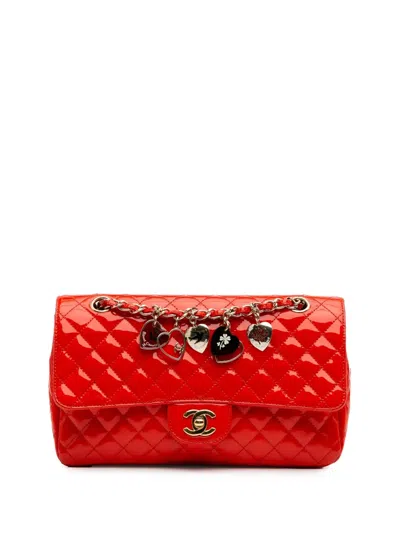 Pre-owned Chanel 2009-2010 Medium Classic Patent Valentines Heart Charms Single Flap Shoulder Bag