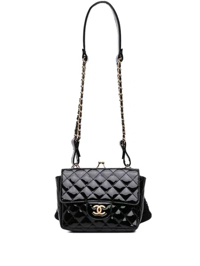 Pre-owned Chanel 2009-2010 Mini Patent Lace Kiss Lock Flap Double Bag Shoulder Bag In Black