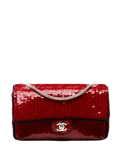 Pre-owned Chanel 2009-2010 Paris-shanghai Medium Satin And Sequins Double Flap Shoulder Bag In Red