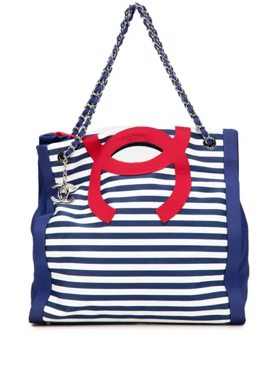 Pre-owned Chanel 2009-2010 Paris Venice Cc Canvas Mariniere Chain Tote Bag In Red