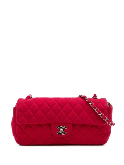 Pre-owned Chanel 2009-2010 Quilted Jersey East West Single Flap Shoulder Bag In Pink
