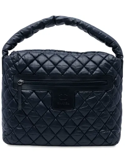 Pre-owned Chanel 2009-2010 Quilted Nylon Coco Cocoon Hobo Handbag In Blue