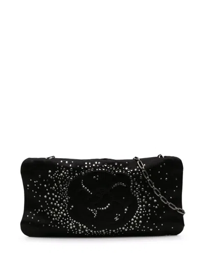 Pre-owned Chanel 2009-2010 Satin Diamante Camellia Clutch With Chain Shoulder Bag
