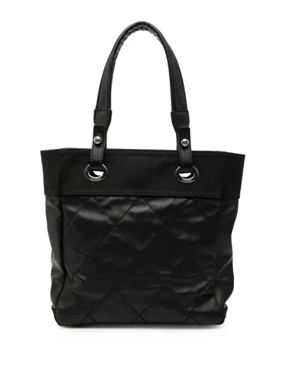 Pre-owned Chanel 2009-2010 Small Quilted Coated Canvas Paris Biarritz Tote Bag In Black