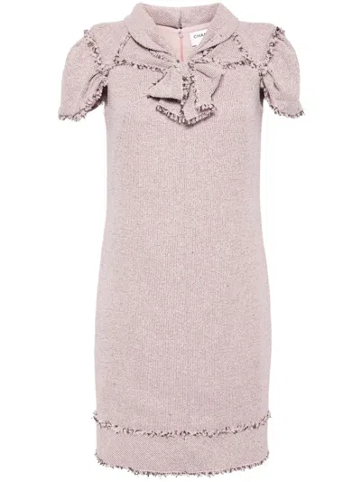 Pre-owned Chanel 2009 Bow-embellished Tweed Minidress In Purple