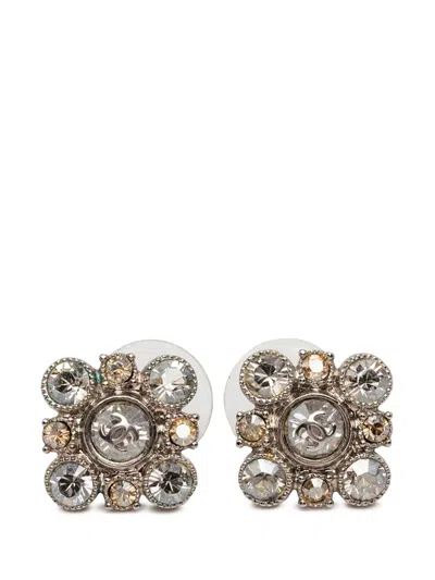 Pre-owned Chanel 2009 Cc Brass Strass Floral Push Back Earrings Costume Earrings In Silver