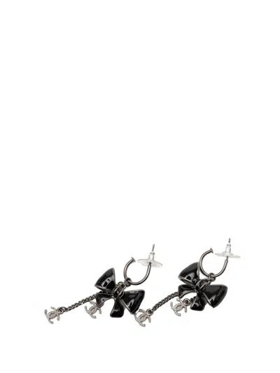 Pre-owned Chanel 2009 Enamel Cc Bow Ribbon Fishhook Wires Earrings Costume Earrings In Black