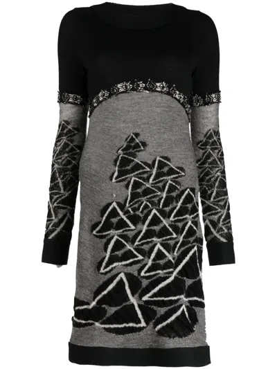 Pre-owned Chanel 2009 Long-sleeve Intarsia-knit Minidress In Black