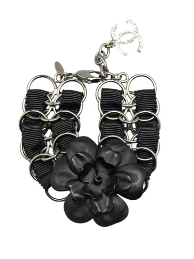 Pre-owned Chanel 2009 Nylon Resin Camellia Chain Ribbon Bracelet Costume Bracelet