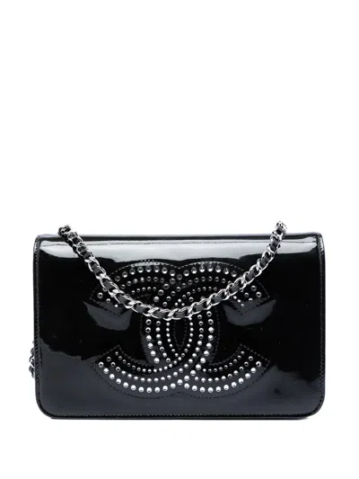 Pre-owned Chanel 2009-2010 Cc Patent Strass Embellished Wallet On Chain Crossbody Bag In Black