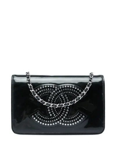 Pre-owned Chanel 2009-2010 Cc Patent Strass Embellished Wallet On Chain Crossbody Bag In Black