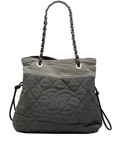 Pre-owned Chanel 2009-2010 Cc Quilted Denim Bonbon Tote Bag In Gray