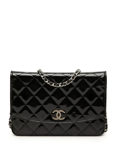 Pre-owned Chanel 2009-2010 Cc Quilted Patent Brilliant Wallet On Chain Crossbody Bag In Black