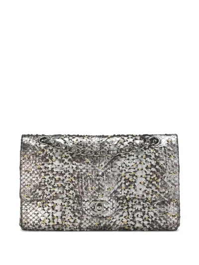 Pre-owned Chanel 2009-2010 Classic Flap Python-embossed Shoulder Bag In Gray