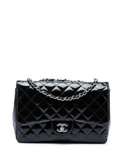 Pre-owned Chanel 2009-2010 Jumbo Classic Patent Single Flap Shoulder Bag In Black