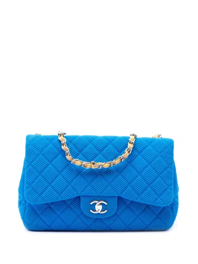 Pre-owned Chanel 2009-2010 Jumbo Classic Perforated Jersey Single Flap Shoulder Bag In Blue