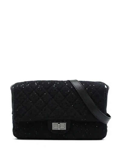 Pre-owned Chanel 2009-2010 Jumbo Sequin Embellished Quilted Tweed Reissue 2.55 Messenger Flap Crossbody Bag In Black