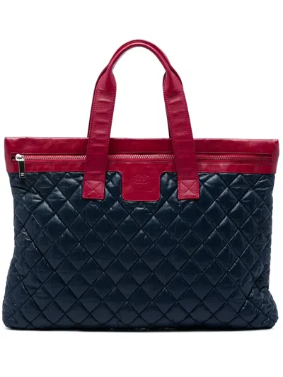 Pre-owned Chanel 2009-2010 Large Bicolor Quilted Nylon And Lambskin Coco Cocoon Flat Tote Bag In Blue