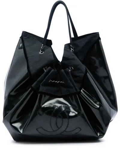 Pre-owned Chanel 2009-2010 Large Patent Stretch Spirit Cabas Tote Bag In Black