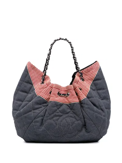 Pre-owned Chanel 2009-2010 Large Quilted Denim Stretch Spirit Cabas Tote Bag In Blue