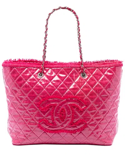 Pre-owned Chanel 2009-2010 Large Quilted Tweed And Pvc Funny Tote Bag In Pink
