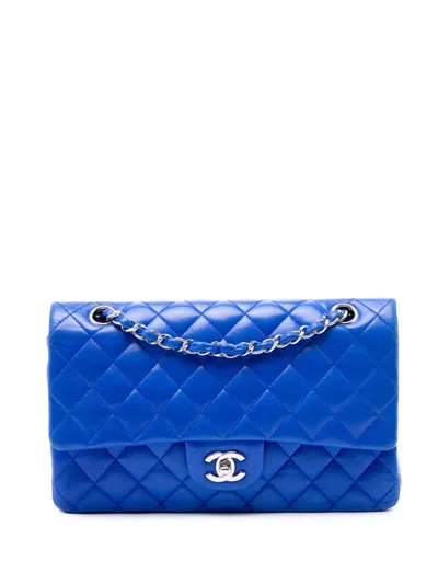 Pre-owned Chanel 2009-2010 Medium Classic Lambskin Double Flap Shoulder Bag In Blue