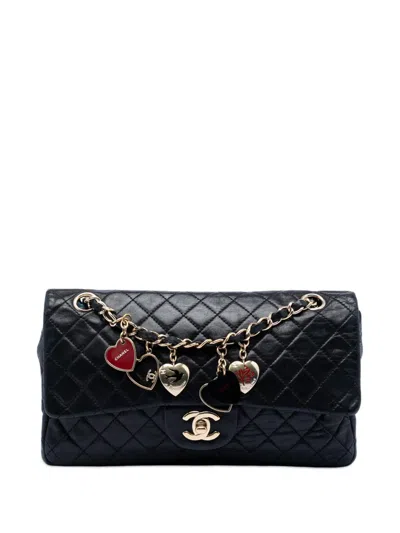 Pre-owned Chanel 2009-2010 Medium Classic Lambskin Valentines Heart Charms Single Flap Shoulder Bag In Black