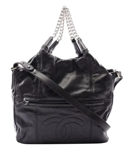 Pre-owned Chanel 2009-2010 Medium Glazed Calfskin Rodeo Drive Tote Satchel In Black