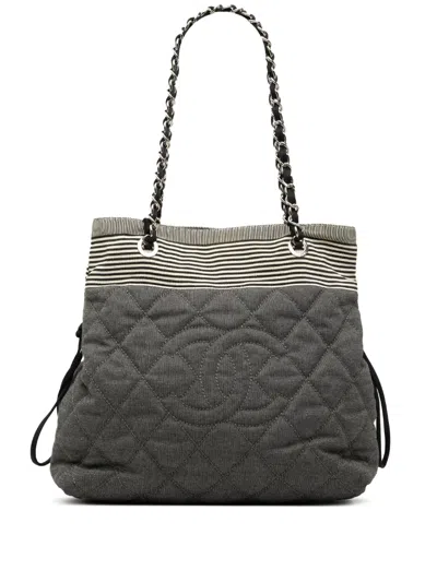 Pre-owned Chanel 2009-2010 Medium Quilted Denim Bon Bon Tote Bag In Gray